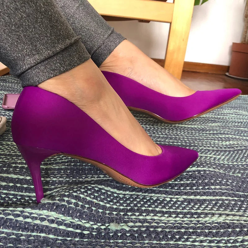 High Heels Scarpins Silk Satin Pumps Lady Quality Green Purple Fetish Wedding Bridal Mid Low Heels Prom Shoes