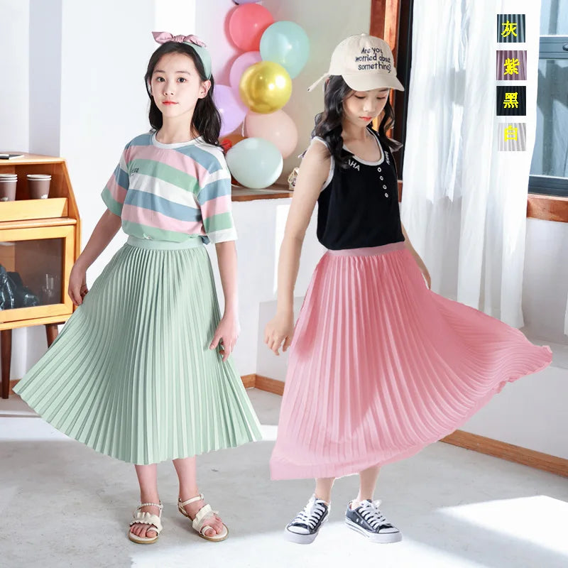 Girls' Elegant White Pleated Long Skirt