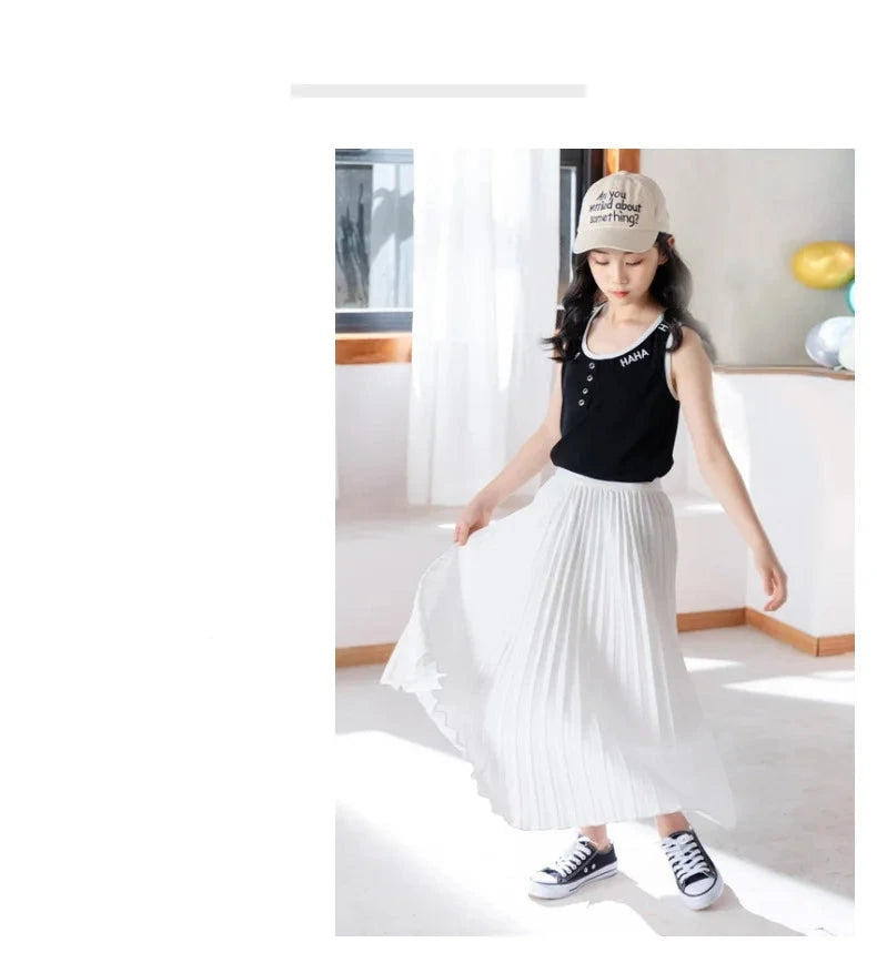 Girls' Elegant White Pleated Long Skirt