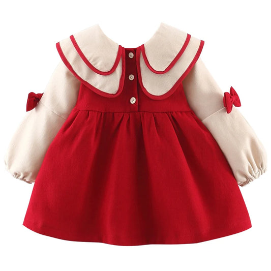 Korean Bow Collar Cotton Dress for Baby Girls Spring Autumn