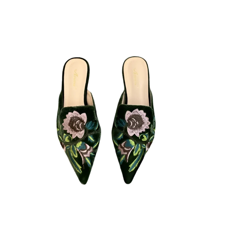 Elegant Summer Embroidered Mules - Women's Luxury Fashion Pointed Toe Flats