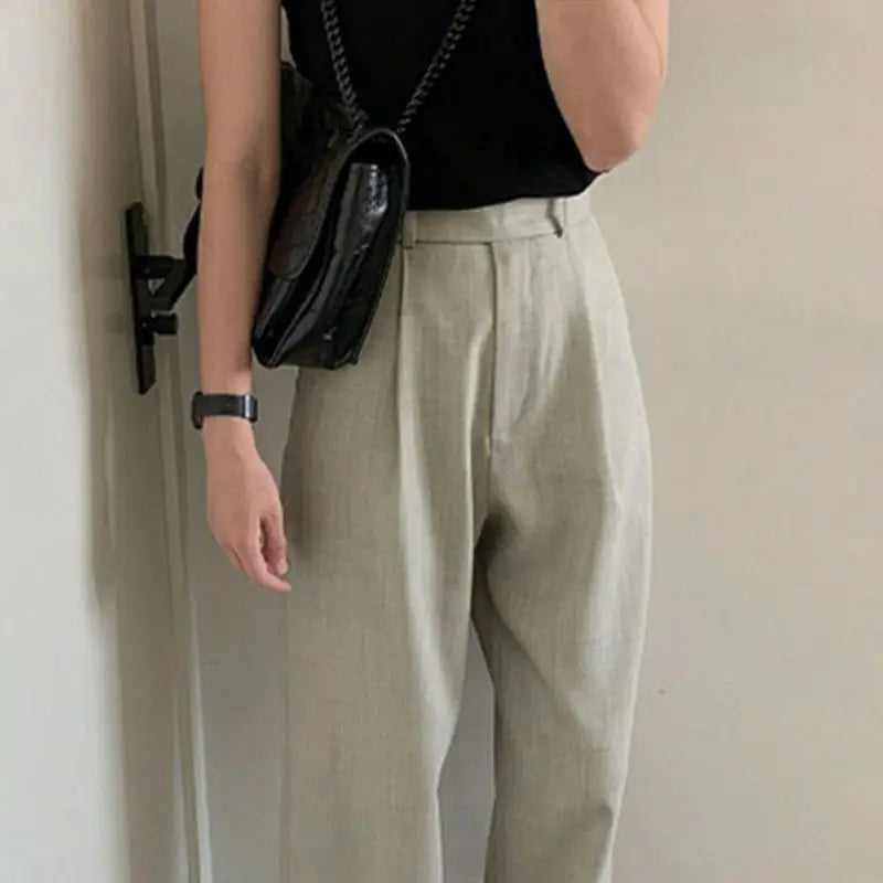 High Waist Narrow Wide-Leg Pants Draping Effect Tight Waist Straight-Leg Pants Classic Women's Trousers Commuter Gray Suit Pants