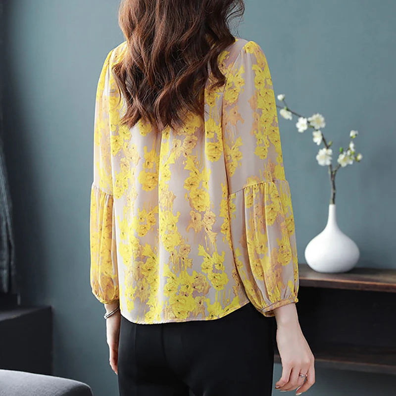 Trendy Women's Floral Print V-Neck Puff Sleeve Blouse