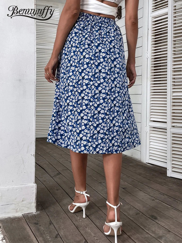 Benuynffy Floral Print Ruffle Trim Midi Skirt - Summer Boho A-Line