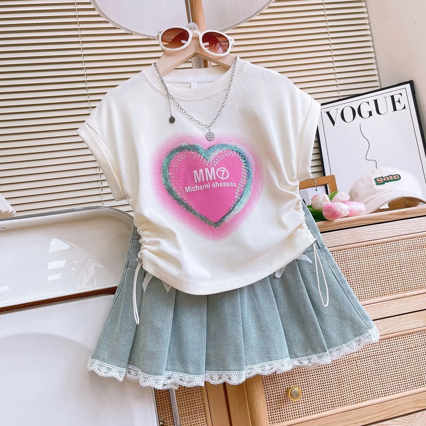 Sequin Heart & Lace Denim Skirt Set for Girls