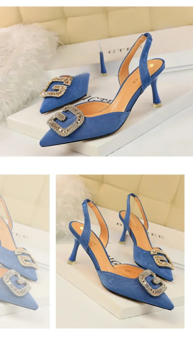 Women Shoes High Heels Shallow Pocket Tip Velvet Hollow Out Metal Buckle Sandals Fashionable Ladies Shoes