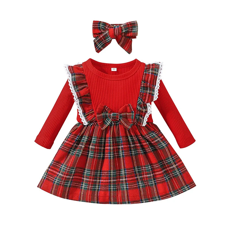 Baby Girl Birthday Dress – Long Sleeve Red Grid Princess Formal Outfit for 3 Months to 3 Years