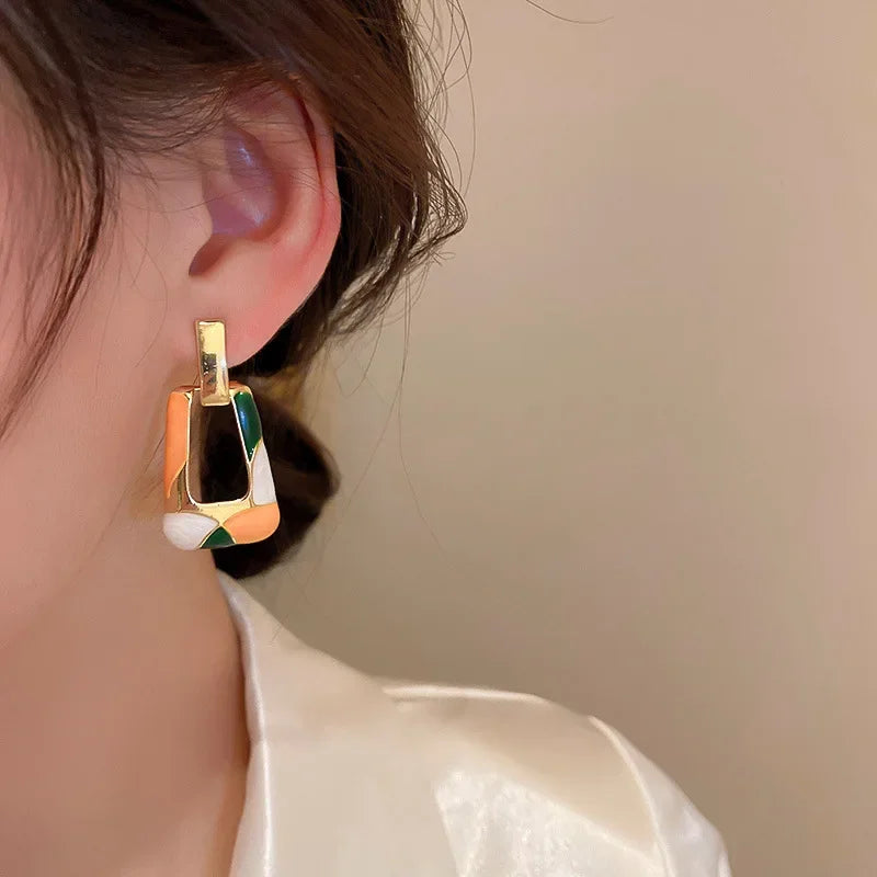 Women’s Trapezoid Colorful Enamel Earrings – Hollow Geometric Long Dangle, Korean Style Party Jewelry