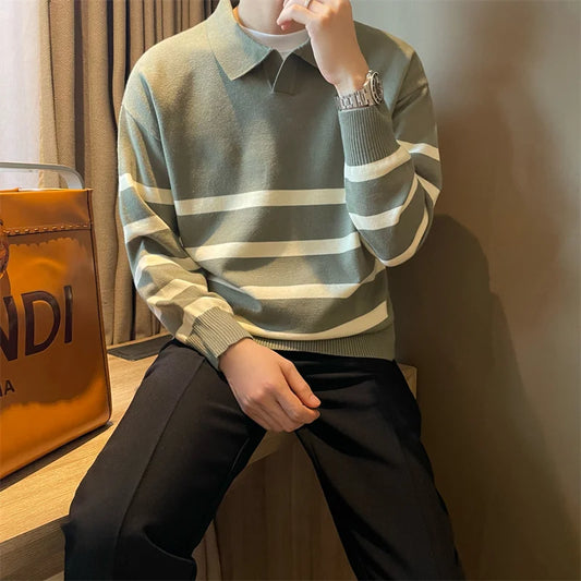 Men's Autumn Striped Lapel Sweater – Casual Y2K Knit Pullover.