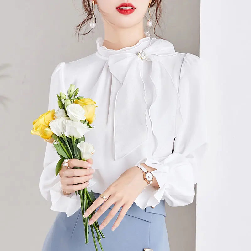 Women’s Bow Blouse – Stand Collar Solid Color Shirt with Ruffles for Spring