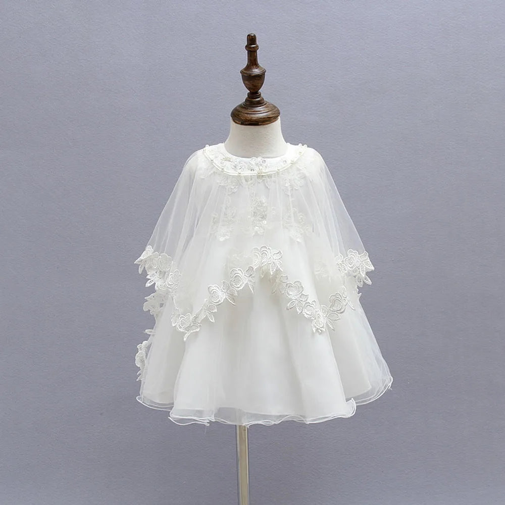 Baby Girl Christening Dress - 1st Birthday Party Outfit with Hat & Cape