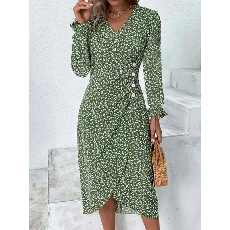 Elegant Floral Pleated Midi Dress - V Neck Puff Sleeve Summer Dress