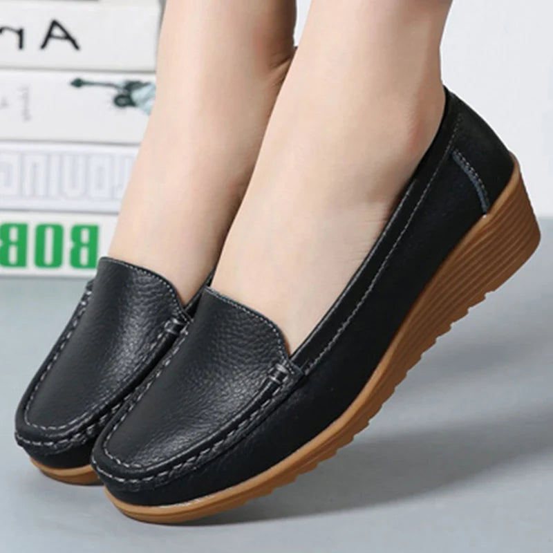 Women's Soft Leather Heeled Loafers - Casual Flat Moccasins