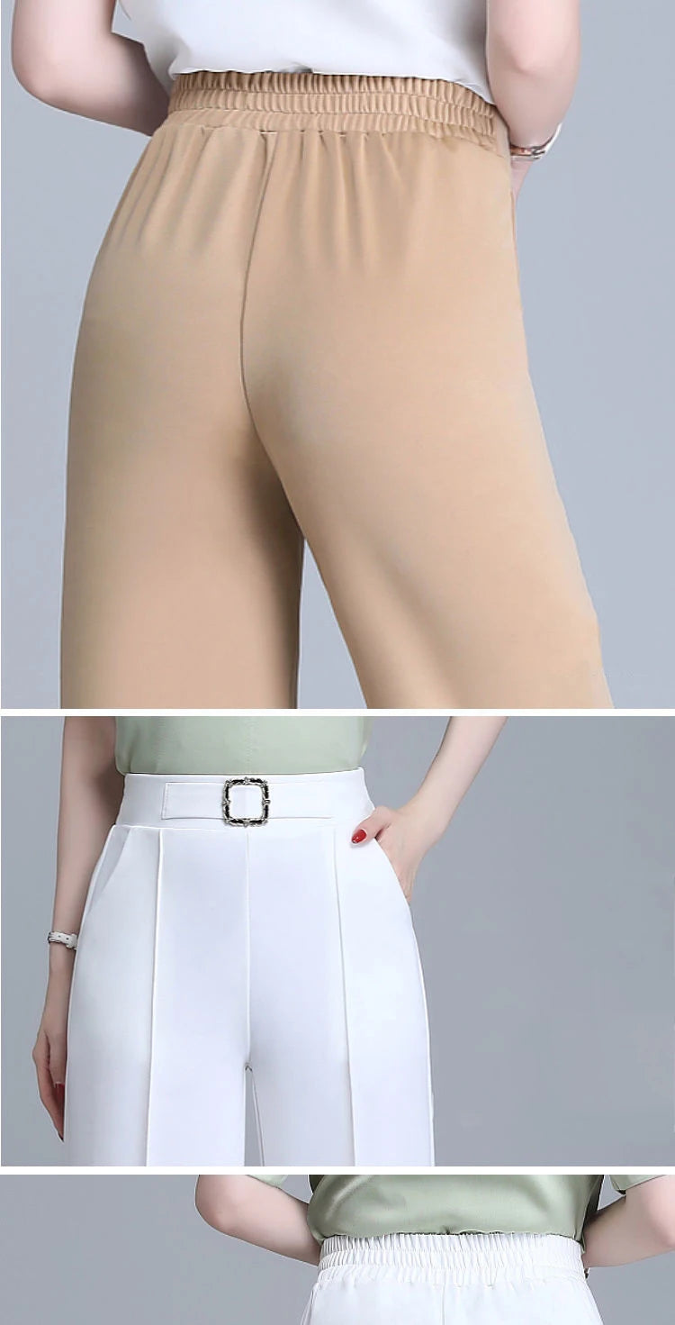 Khaki High-Waist Ice Silk Wide-Leg Trousers - Summer Design, Elegant Elastic Waist Baggy Pants for Women