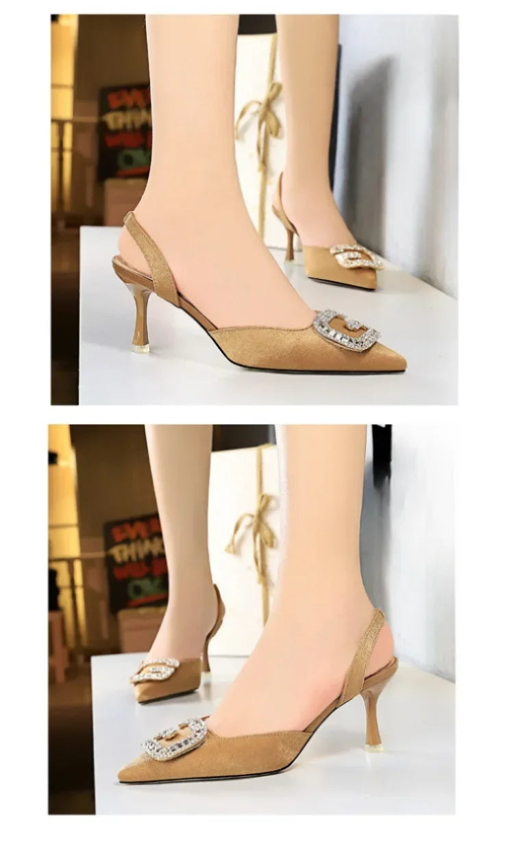 Women Shoes High Heels Shallow Pocket Tip Velvet Hollow Out Metal Buckle Sandals Fashionable Ladies Shoes