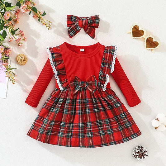 Baby Girl Birthday Dress – Long Sleeve Red Grid Princess Formal Outfit for 3 Months to 3 Years