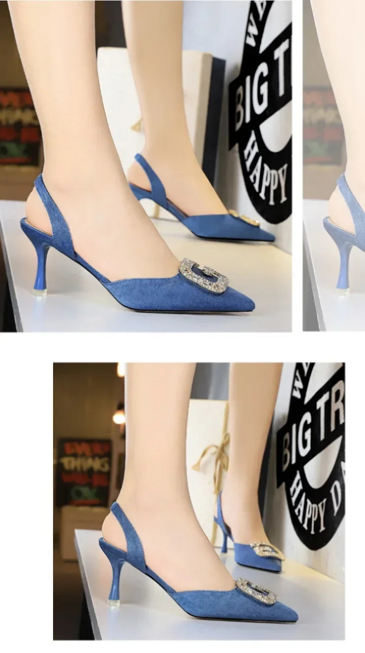 Women Shoes High Heels Shallow Pocket Tip Velvet Hollow Out Metal Buckle Sandals Fashionable Ladies Shoes