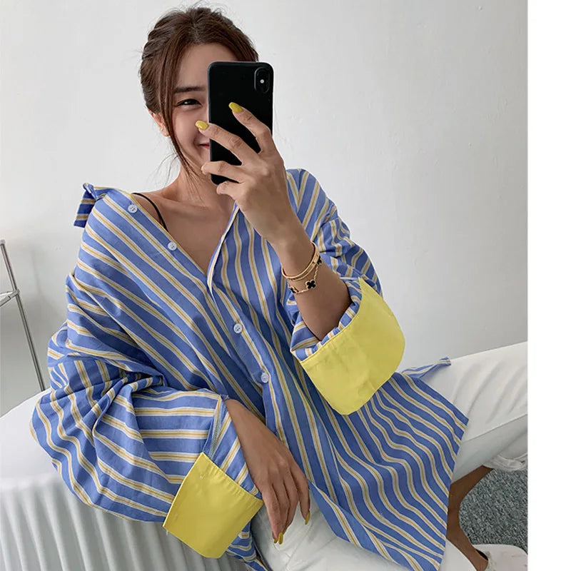 Spring and Autumn New Striped Long-sleeved Shirt and Korean Version of Loose Slim Mid-length Shirt Fashion Casual Shirt