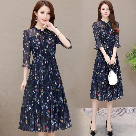 Ladies Summer Floral Chiffon Midi Dress with 3/4 Sleeves