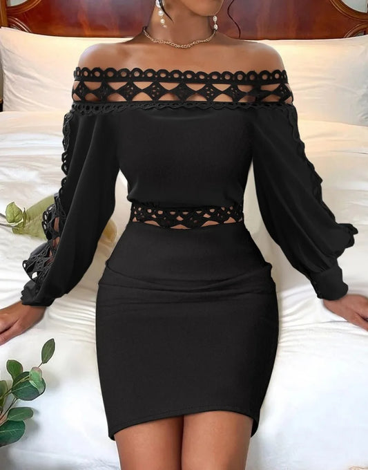 Women's Autumn Lace Wrap Dress – Long Sleeve, Slash Neck, High Waist Party Dress