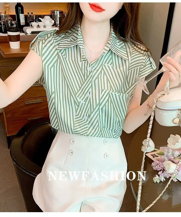 Women's Summer Chiffon Shirts – Fashion Lapel Button Pockets with Printed Stripes, Loose Korean Tops