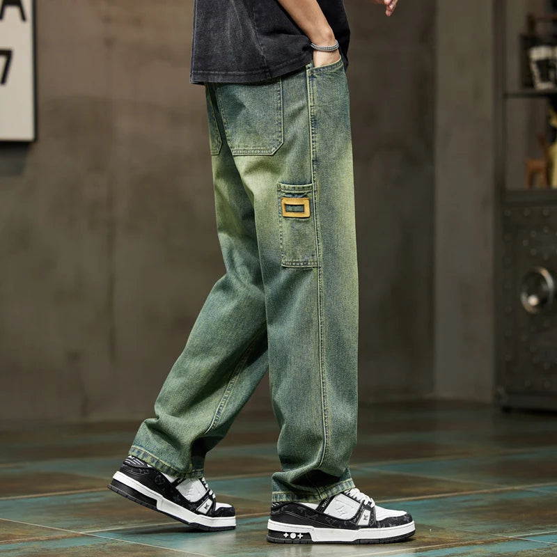 Wide Leg Jeans Men Baggy Pants Summer Straight Cut Loose Retro Blue Denim Pants Streetwear Fashion Pockets Vintage Man Clothes