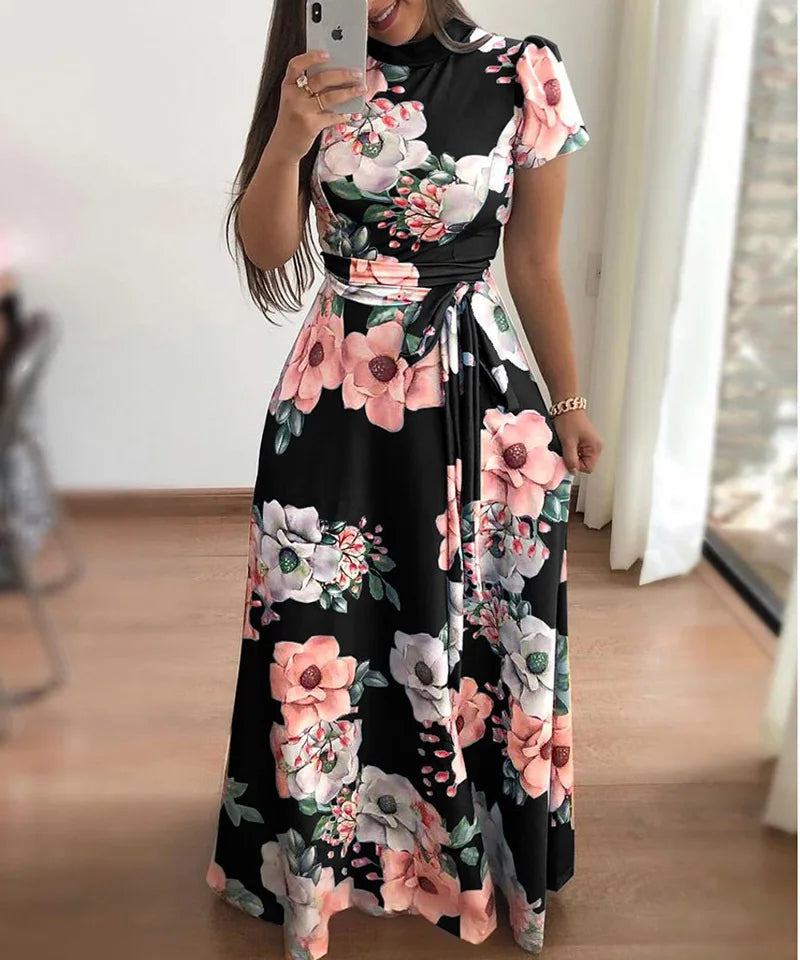 Women's Summer Long Flower Print Dress Casual Short Sleeve High Collar Bandage S-5XL