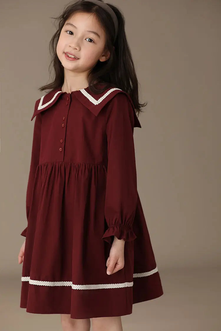 Girls' Red Long Sleeve Dress – Turn-Down Collar Casual Spring Princess Outfit (Ages 6-15)