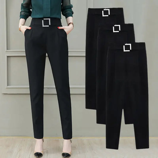 Black High-Waist Suit Pants - Women's Office Pants with Sashes and Pockets, Fashionable Pink/Yellow Options