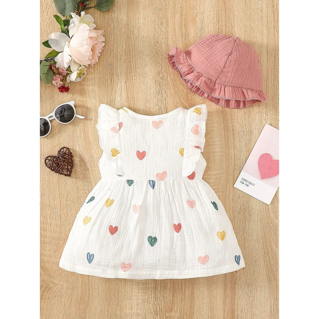 Newborn Baby Girl Cotton Dress & Hat Set – Sleeveless Love Pattern for Summer Beach (0-9 Months)