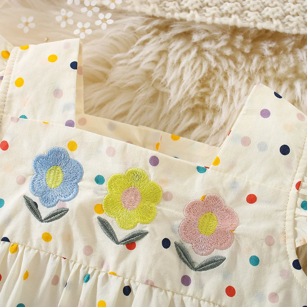 Summer New Baby Girls Hip Skirt Small Flying Sleeve Flower Embroidery Square Collar Color Polka Dot Square Collar One-Piece