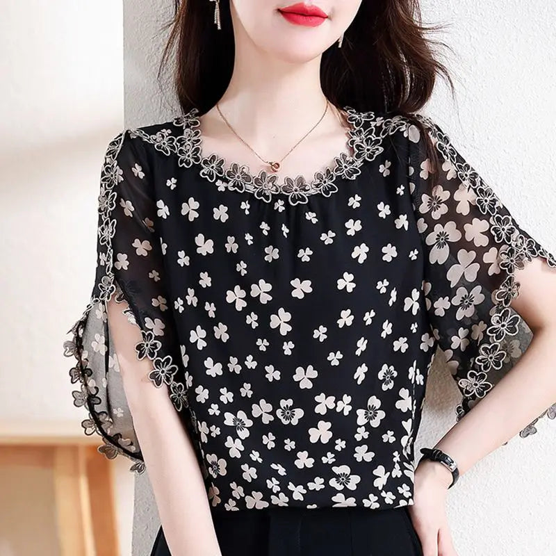 Women's Summer Elegant Chiffon Shirt – Loose Hollow Out O-Neck Short Sleeve Top for Casual All-Match Style