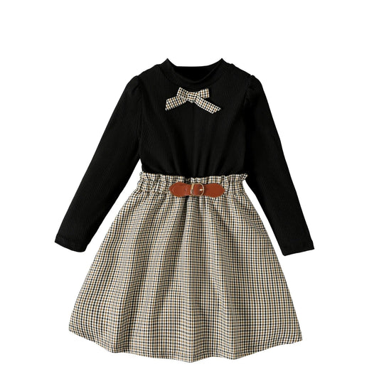 Kid Girl Bowknot Mock Neck Tee & Plaid Skirt Set