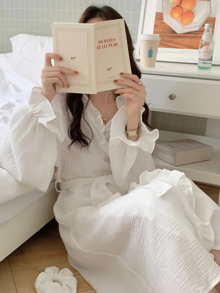 Women Robe V-Neck Sleepwear Ruffles Bathrobe Kimono Robes with Belt Korean Night Dress Bridesmaid Dressing One Piece Pajamas