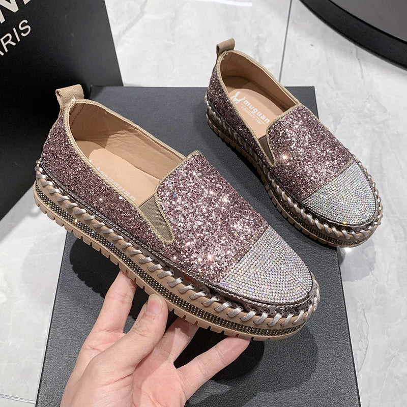 Women Shining Rhinestone Flats Loafers Slip