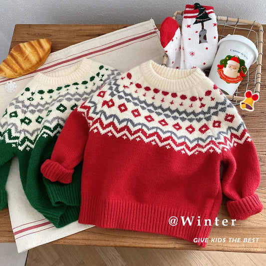 Winter Baby Christmas Sweater – Kids' Jacquard Knit Pullover or Toddler Cardigan