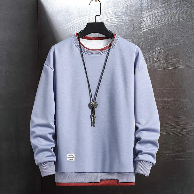 New Men's Casual Colorblock Hoodie Fake Two-Piece O-Neck Sweatshirt Harajuku Style