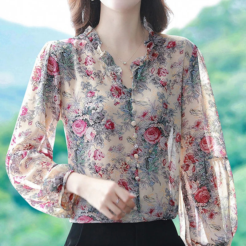 Trendy Women's Floral Print V-Neck Puff Sleeve Blouse