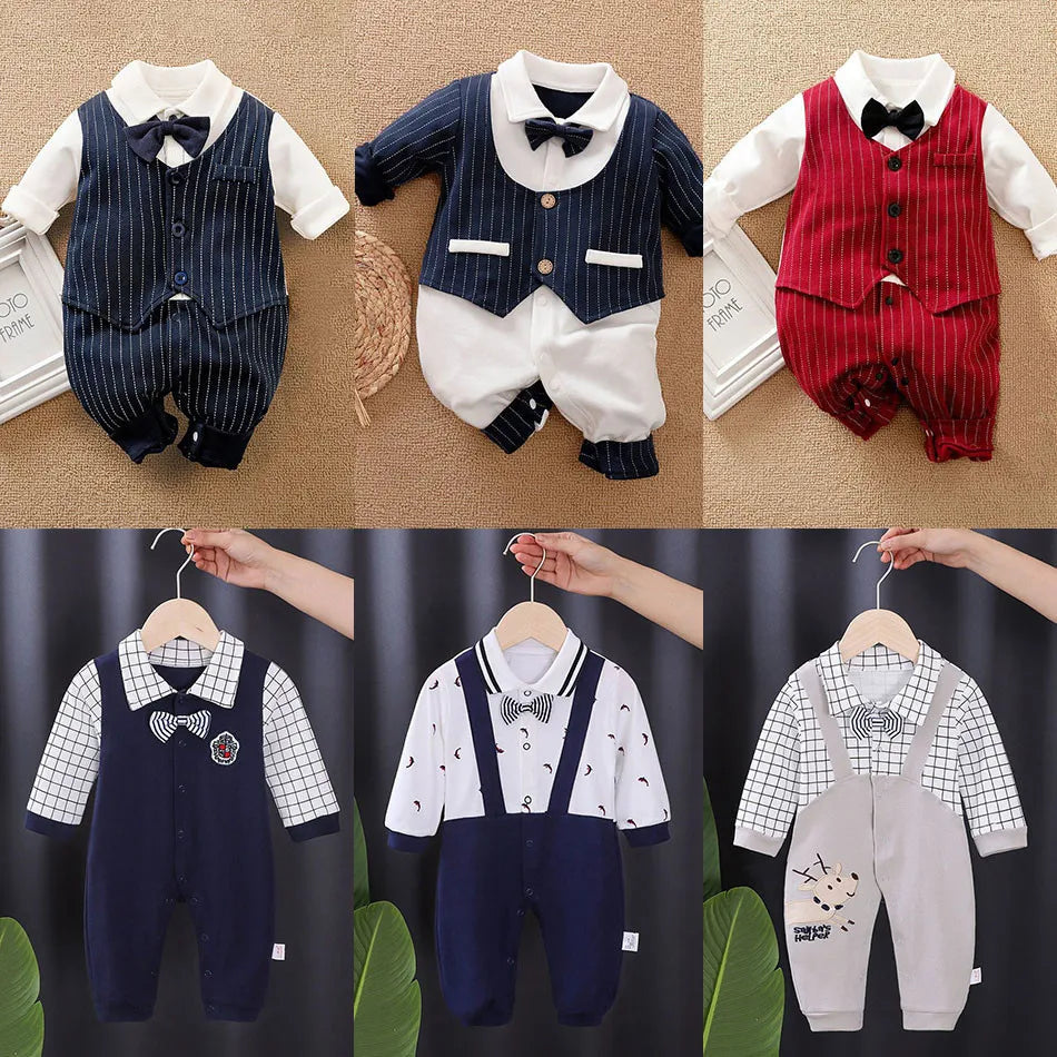 Newborn Boys Striped Tuxedo Romper - Formal Sleepwear