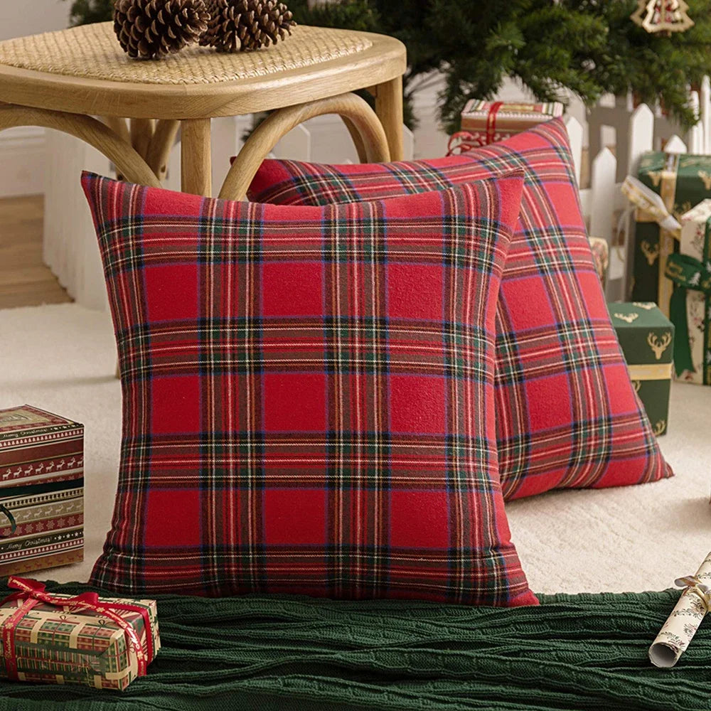 Christmas Tartan Plaid Pillow Covers – Red Cushion Covers for Sofa, Bed, Party, or Home Décor