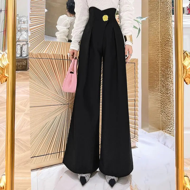 Stylish High Waist Wide-Leg Pants – Spring/Autumn Trousers with 3D Folded Decoration for Women