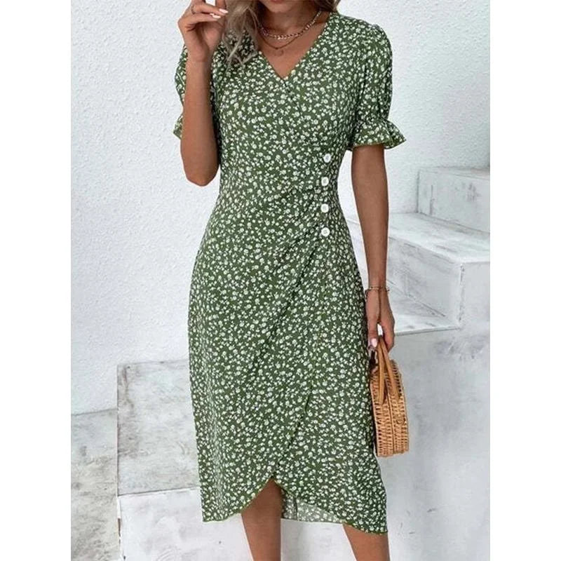 Elegant Floral Pleated Midi Dress - V Neck Puff Sleeve Summer Dress