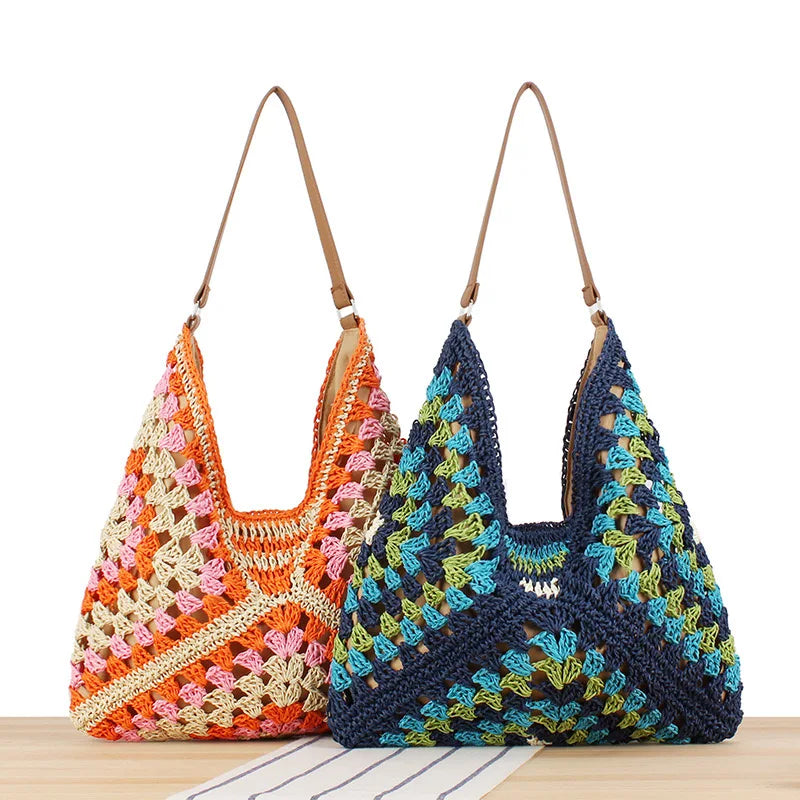 Summer Bohemian Braided Handbag Casual Tote Hollow Straw Beach Bag Woven Shoulder Bag Raffia Rattan Shopping Travel Bag