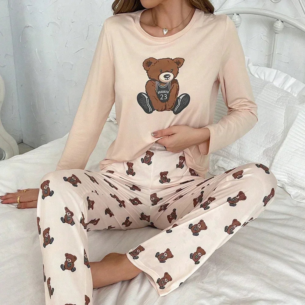 Autumn Winter Heart Print Pajamas for Women - Milk Silk Sleepwear