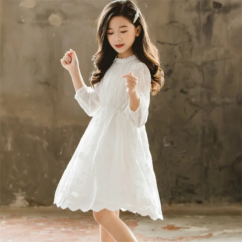 Kids' White Lace Dress - Long Sleeve Wedding & Party Dress (6-16Y)