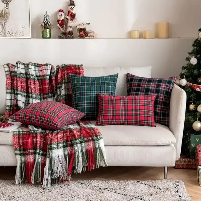 Christmas Tartan Plaid Pillow Covers – Red Cushion Covers for Sofa, Bed, Party, or Home Décor