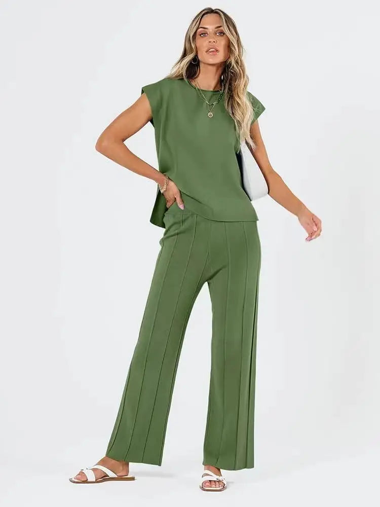 Summer Ice Silk Knit Vest & Wide-Leg Pants Set