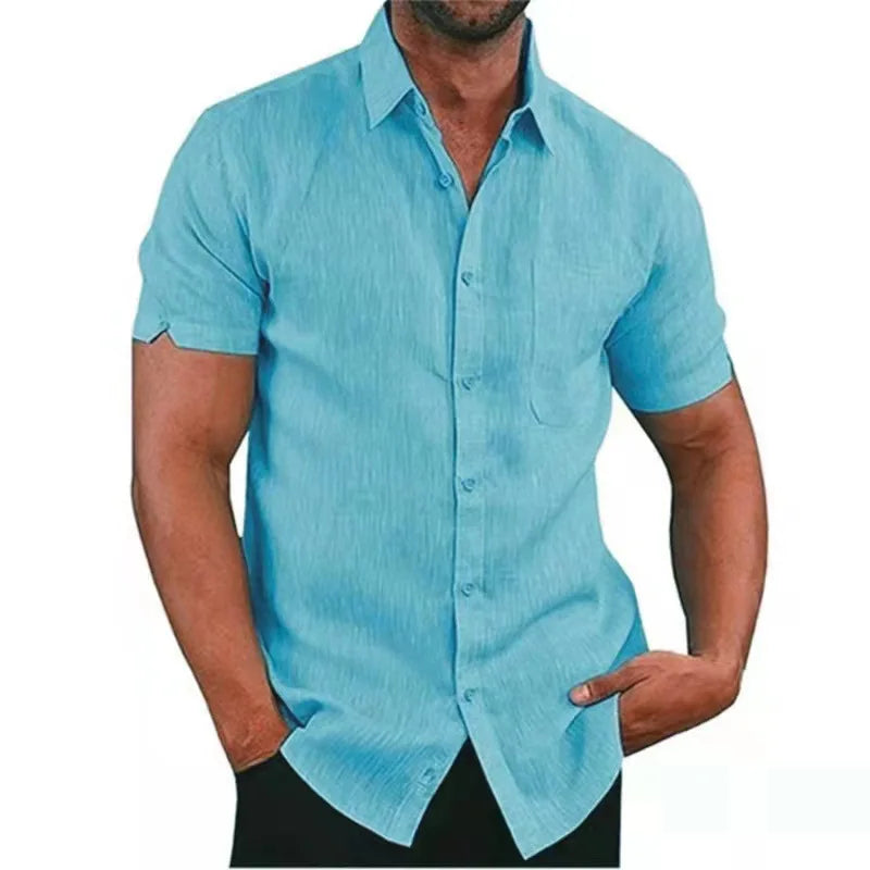 Men's Summer Cotton Linen Short-Sleeve Casual Beach Shirt