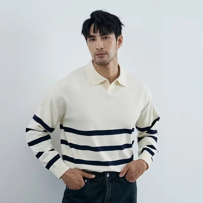 Men's Autumn Striped Lapel Sweater – Casual Y2K Knit Pullover.