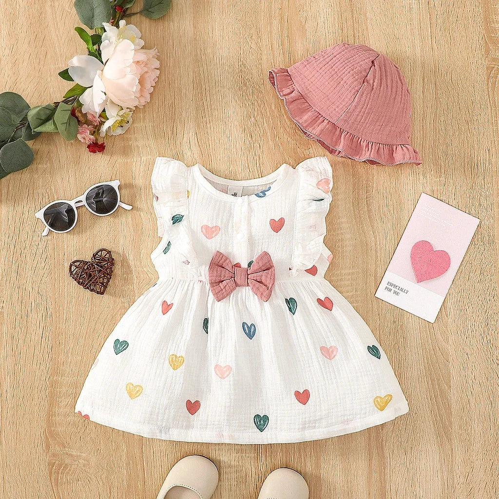 Newborn Baby Girl Cotton Dress & Hat Set – Sleeveless Love Pattern for Summer Beach (0-9 Months)